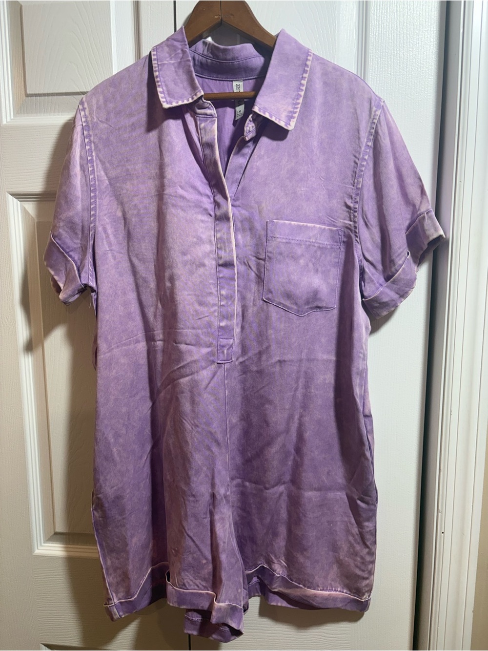 Zenana Outfitters Purple Short Sleeve Button-Front Romper - Picture 2 of 6